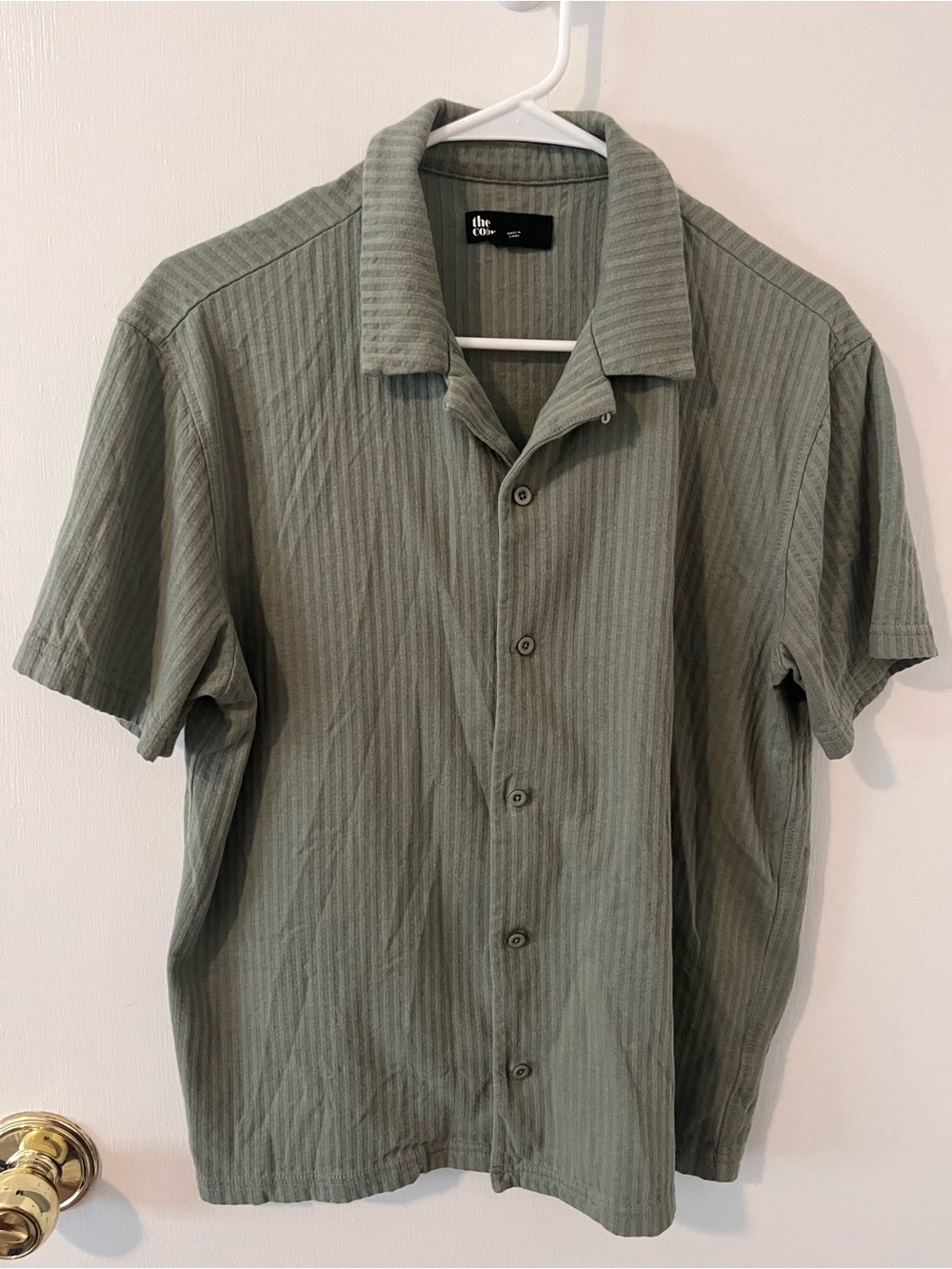 The Commons Men's Green Ribbed Textured Knit Short Sleeve Button Down Shirt M